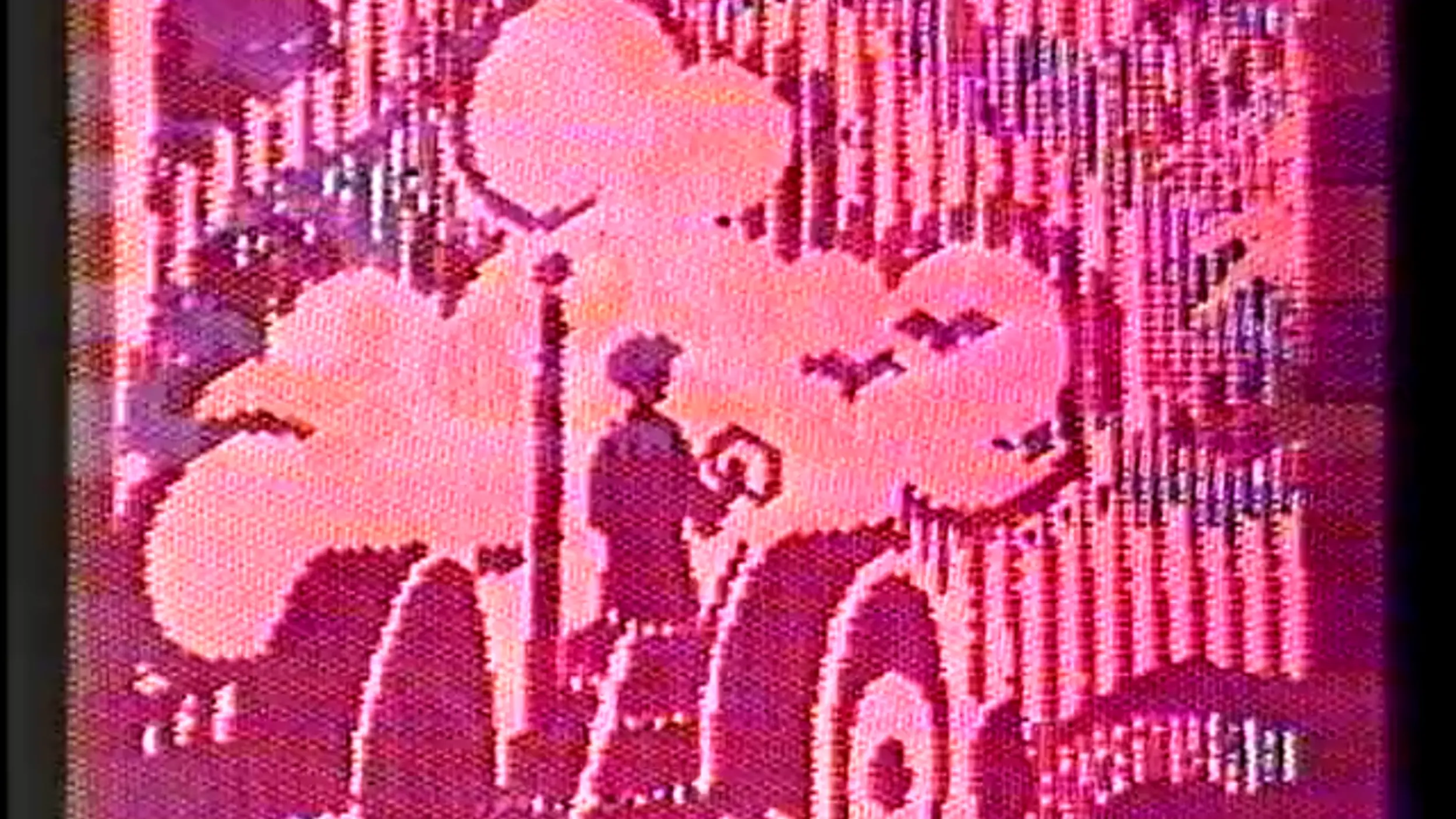 A pink and red still from the video artwork 'Syntax Error in 84 : Part 1 - Machines / Machines' depicting a figure on a tractor.