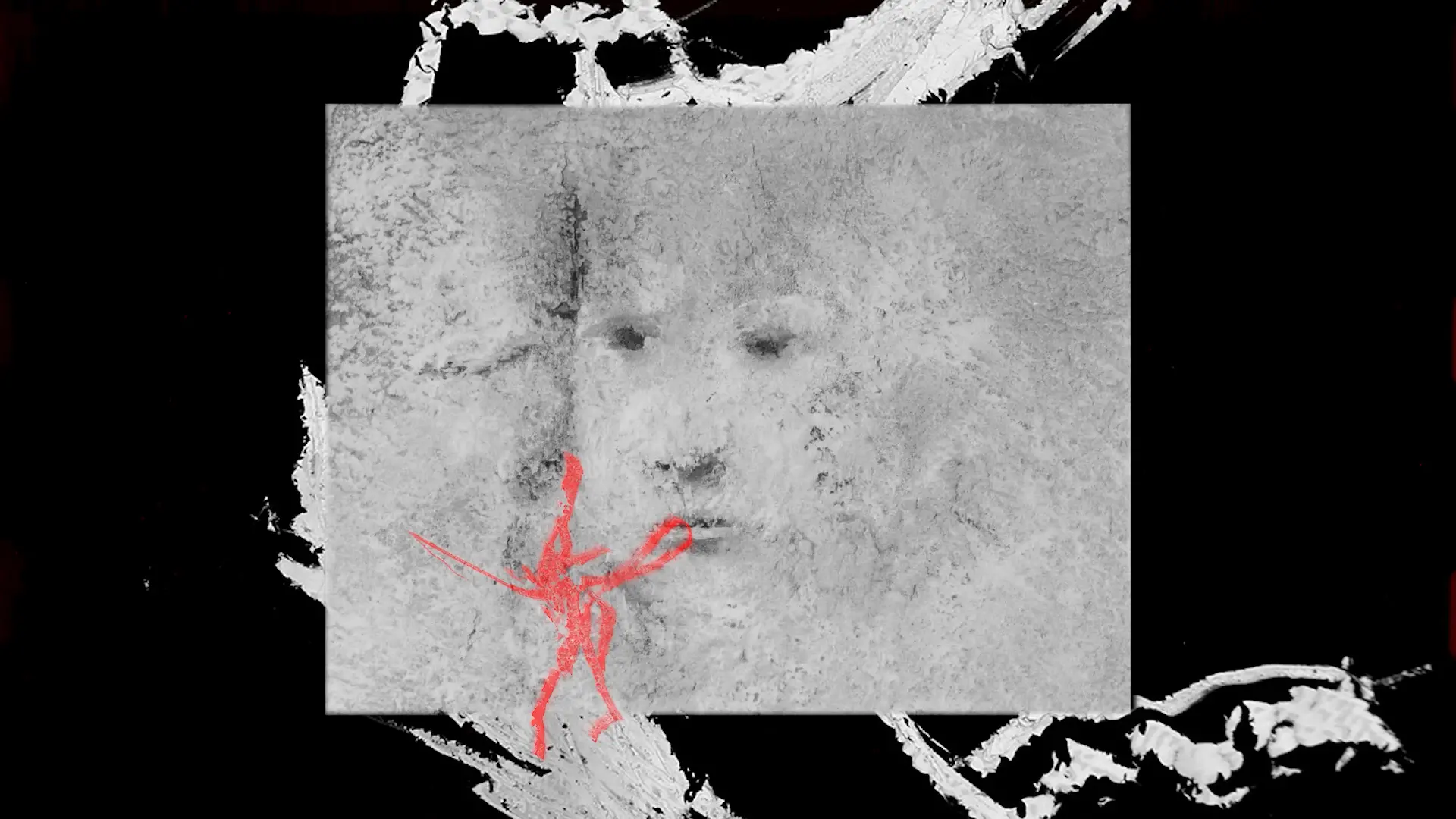 Palimpseste sur Prison de Robert Lapoujade — réal. Pierre Hébert, tête en noir et blanc superposée sur un mur de prison, sur fond noir et avec des rayures rouges
