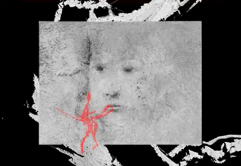 Palimpseste sur Prison de Robert Lapoujade — réal. Pierre Hébert, tête en noir et blanc superposée sur un mur de prison, sur fond noir et avec des rayures rouges
